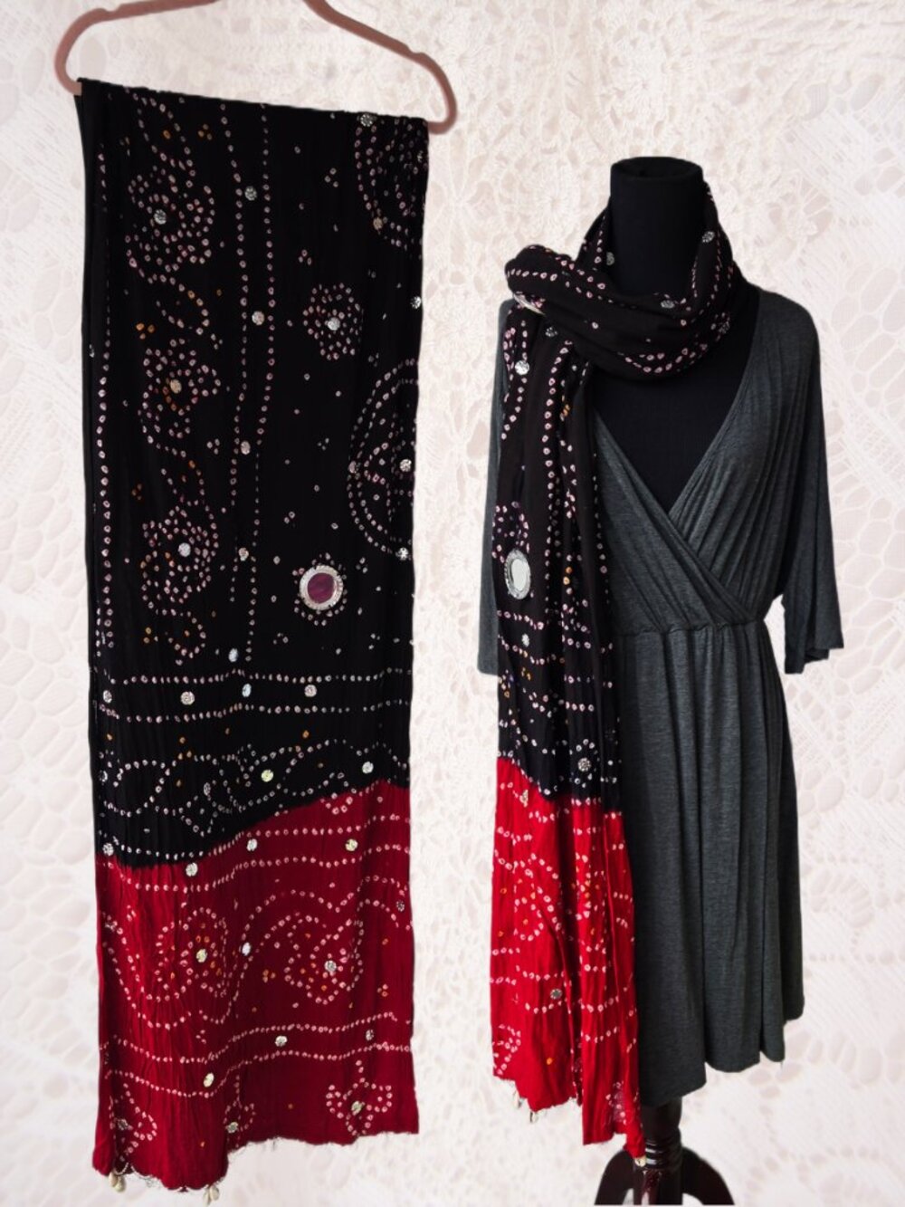 Lagenlook Red and Black Beaded Seashell Fringe Scarf Shawl Artistic Art to Wear